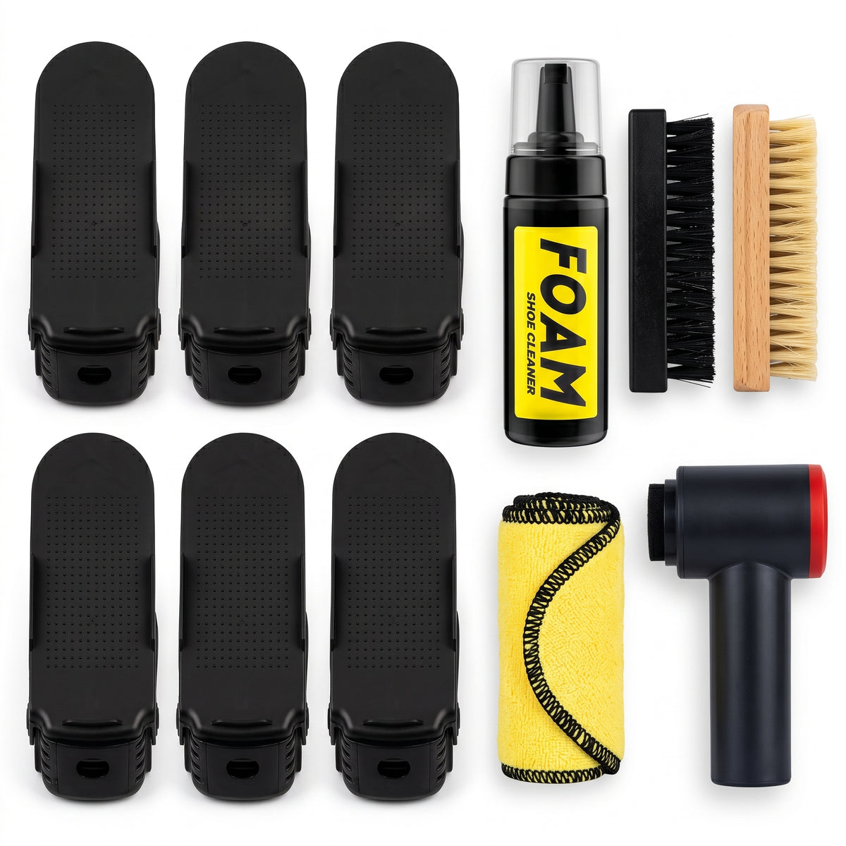 Pack familia 9 organizadores de zapatos con kit limpieza y cepillo eléctrico